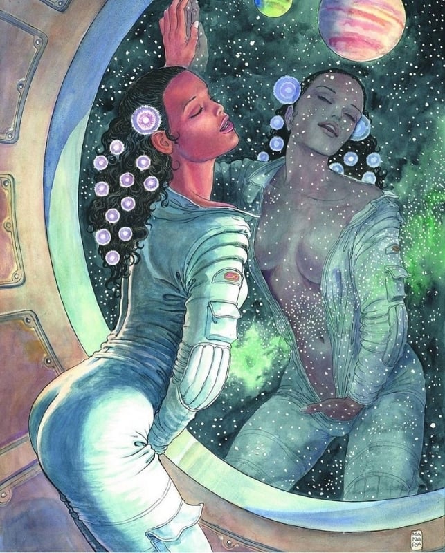 aroused female in space by Milo Manara