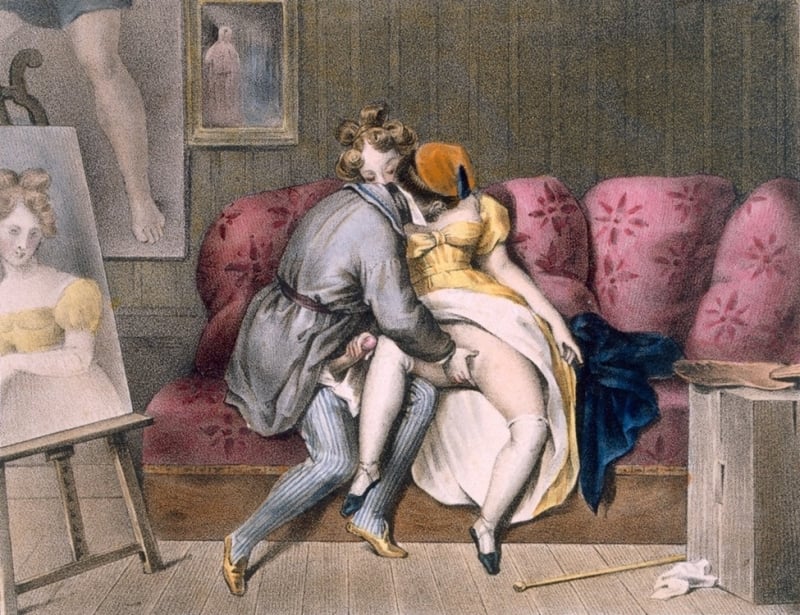 Artist and Sitter, manual foreplay, ca 1830-40 (colour litho) by Achille Devéria