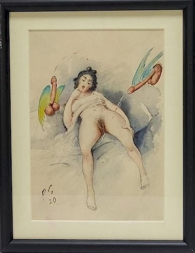 Attrib. P. Eysel, Erotic watercolor of Laying Woman, 1920