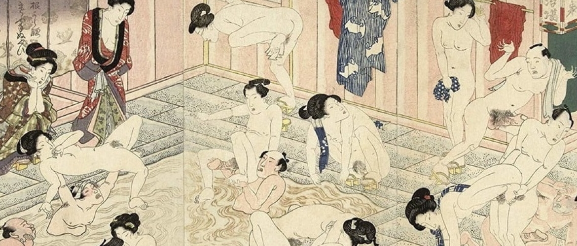 A Rare Egoyomi Triptych Depicting Tantalizing Bathhouse Games