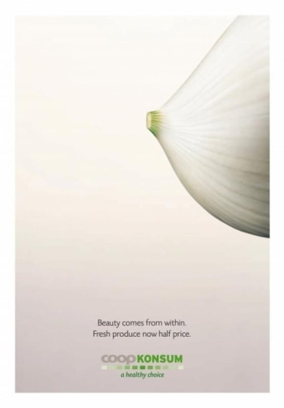Beauty comes from within. Fresh produce now half price - advertisement for Coop Konsum
