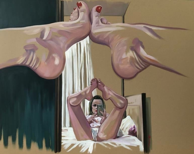Bedroom #Selfie Print, Likes series, 2021, Oil on cardboard by Conrad Crispin Jones Bedroom #Selfie Print, Likes series, 2021, Oil on cardboard by Conrad Crispin Jones