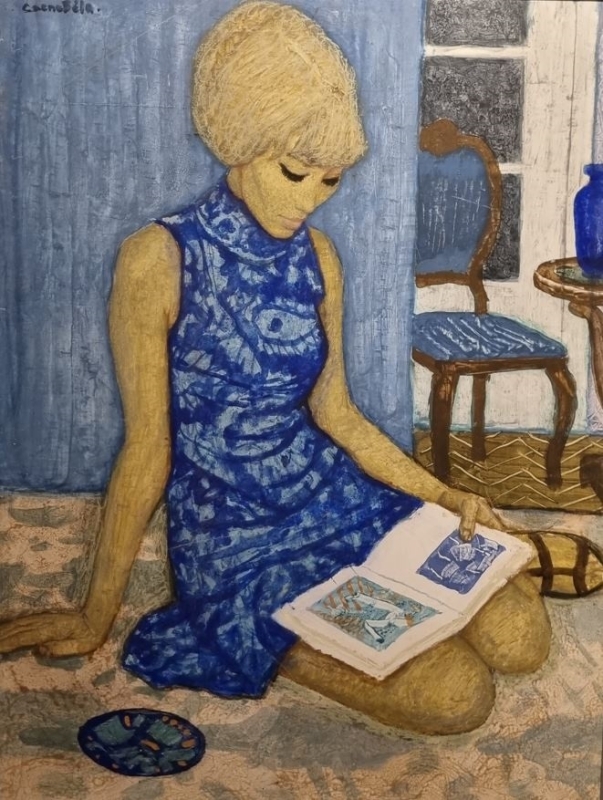 bela czene Reading girl in a blue dress
