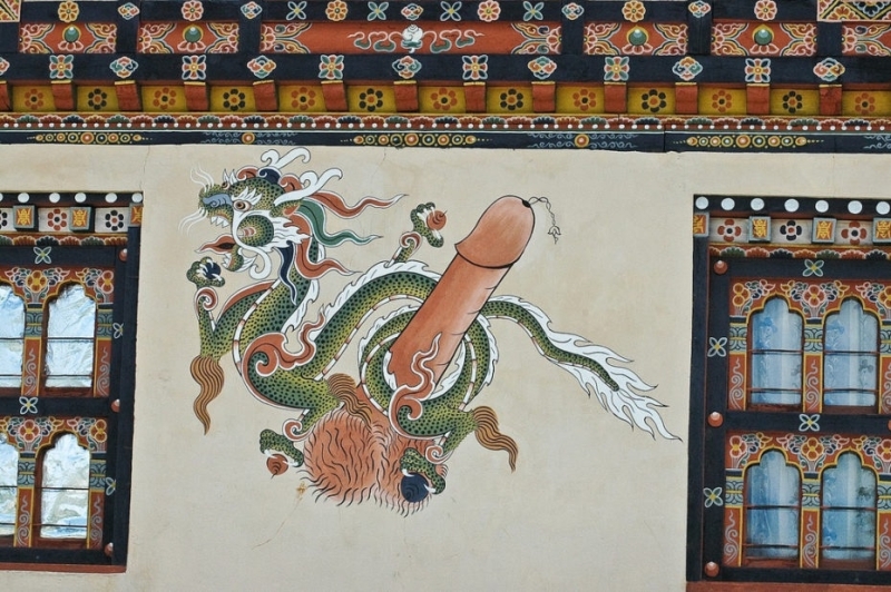 Bhutan Penis Monastery wall painting phallus and dragon