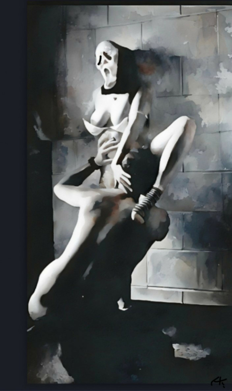 blak and white painting featuring a nude women wearing a Scream mask receiving cunnilingus blak and white painting featuring a nude women wearing a Scream mask receiving cunnilingus