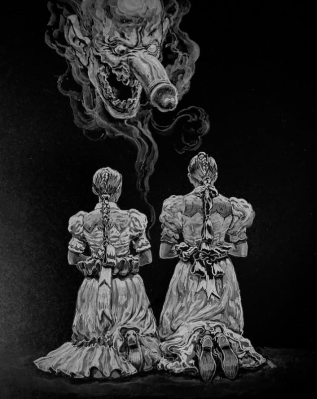 Book commission (July 2025) Phallus spirit and two tied girls by KerbCrawlerGhost (detail)