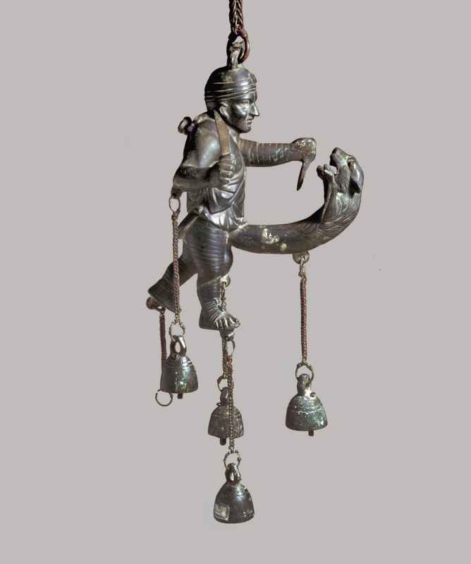 Bronze tintinnabulum (wind-chime) representing a gladiator fighting with his panther-like phallus