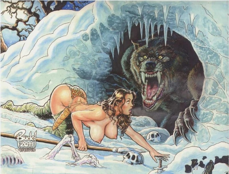 Budd Root crawling cavewoman and bear