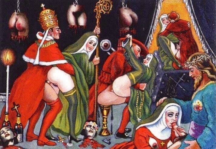 Camille Clovis Trouille: painting wit sex orgy with copulating popes and Christ and nuns