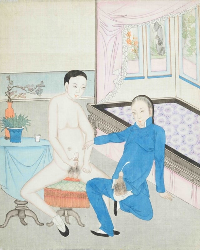 Chines erotic painting depicting ejaculating adolescent boys