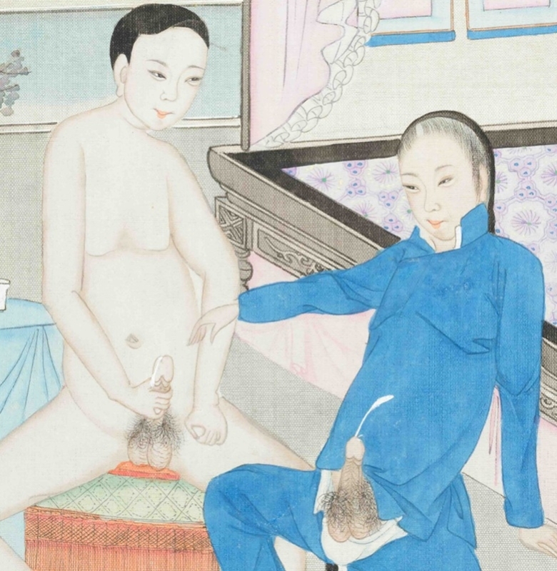 Chines erotic painting depicting ejaculating adolescent boys (close-up)