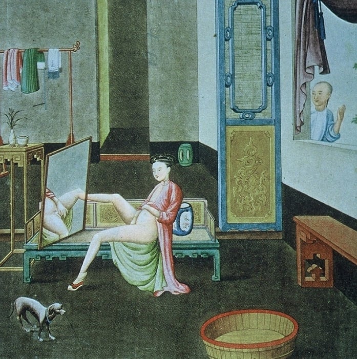Chinese erotic painting beauty looking at her private parts in a mirror