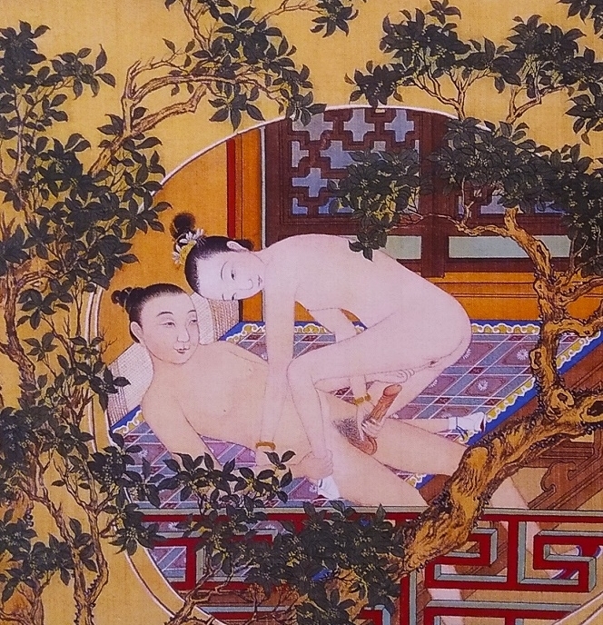 Chinese erotic silk painting moon gate detail