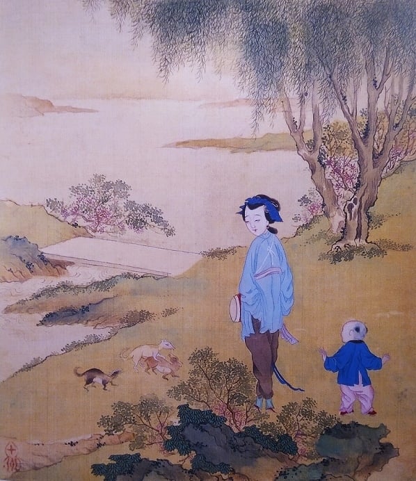 Chinese painting with female musician child and dogs