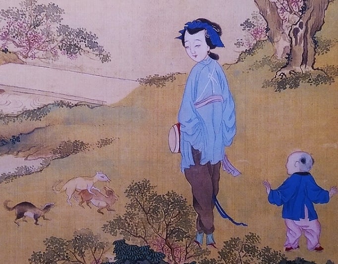 Chinese painting with female musician child and dogs detail