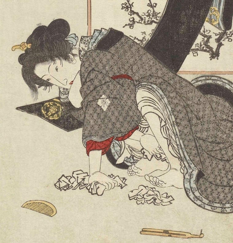 cleaning vulva in (Ehon Kaichū Kagami), attributed to Utagawa Toyokuni (detail)
