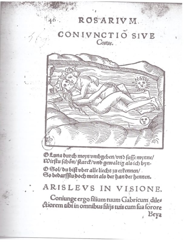 Conjunction of Metals, Rosarium Philosophorum, black and white edition.
