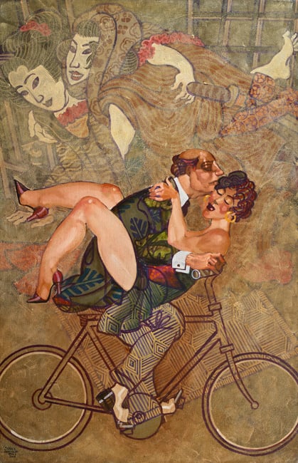 copulating couple on bicycle shunga