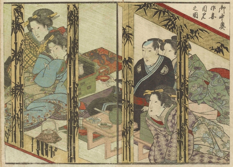 courtesans and client watching  show in (Ehon Kaichū Kagami), attributed to Utagawa Toyokuni
