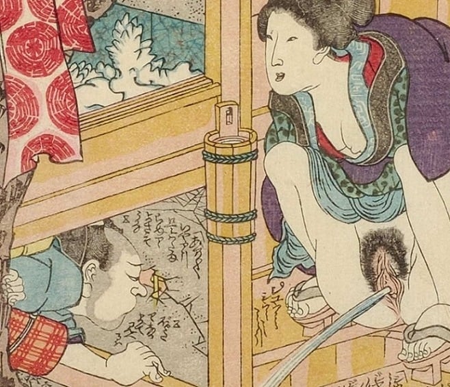 Covert voyeur observing a woman urinating through a hole by Koikawa Shozan detail