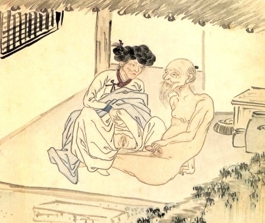 Danwon. Cloud Rain Pictures. Senior couple preparing for an intercourse, detail