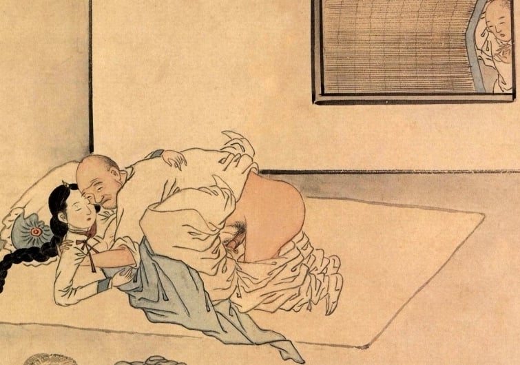 Danwon. Cloud Rain Pictures. Young girl copulating with a monk and another man watching, detail