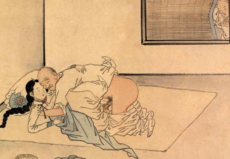 Danwon. Cloud Rain Pictures. Young girl copulating with a monk and another man watching, detail