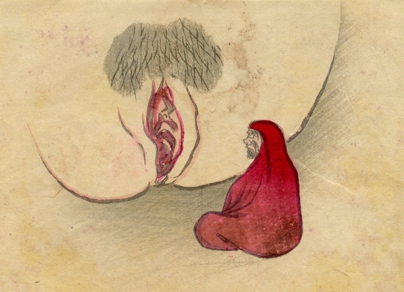 Daruma meditating at the genital entrance (c.1870) in the Kyosai style