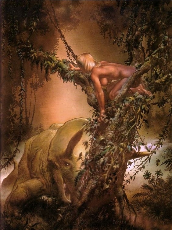 dinosaur and nude female in tree
