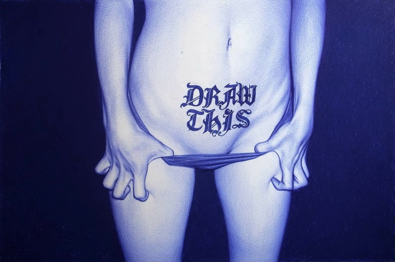 Draw This, Selfies series, Blue-Tinted Erotic BIC Drawings by Spanish hyperrealist artist Juan Francisco Casas.