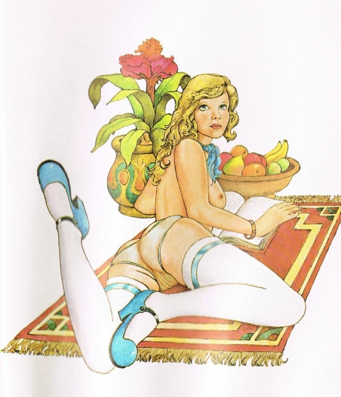 drawing of a blonde girl with see-through underwear reading a book