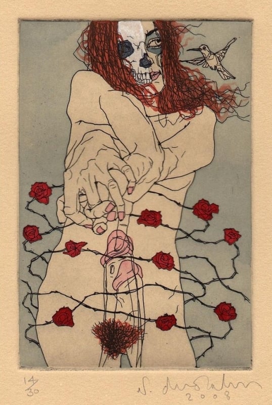 dvorak Madrigal ll (2008), etching hand-colored with gouache and watercolor