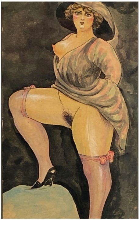 Early 1900's French Risqué Nude Watercolor Early 1900's French Risqué Nude Watercolor