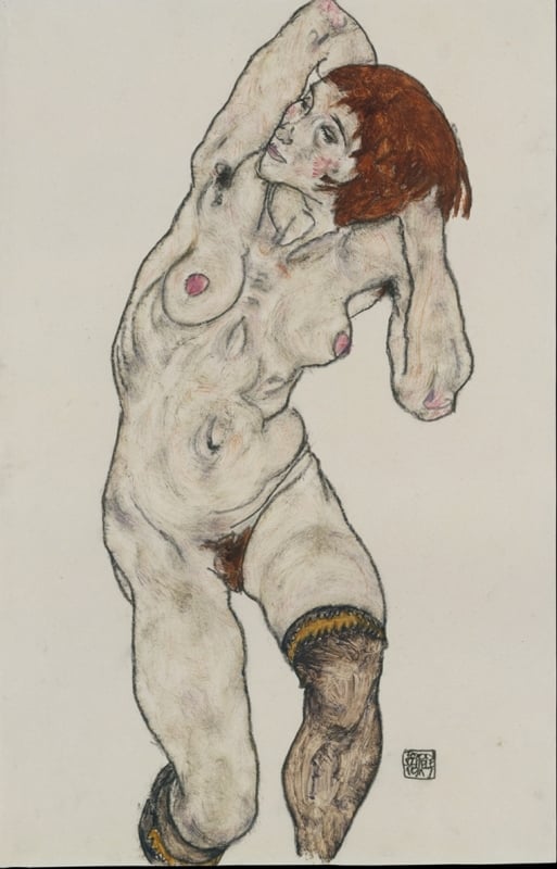 Egon Schiele, Female Nude with Black Stockings, 1917. Charcoal and watercolor