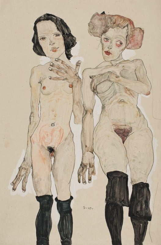 Egon Schiele, Two Nude Girls with Black Stockings, 1910.