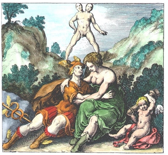 Emblem 38: Rebis is, as Hermaphroditus, produced from the two mountains of Mercury and Venus