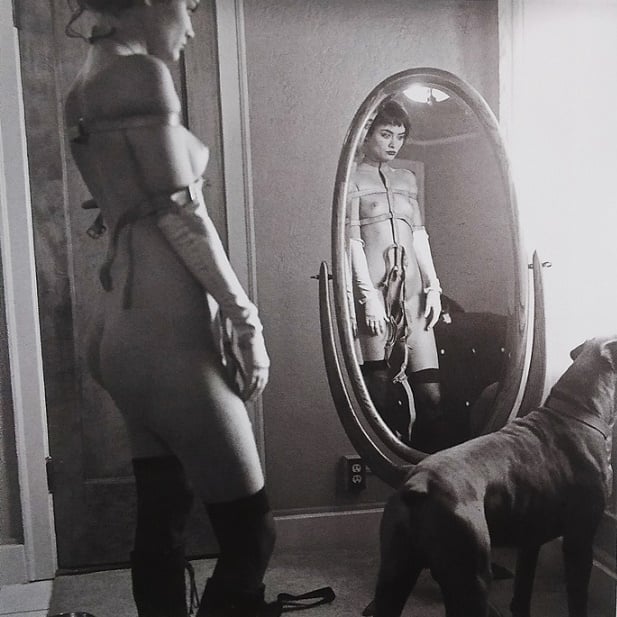 eric kroll nude and dog in front of mirror