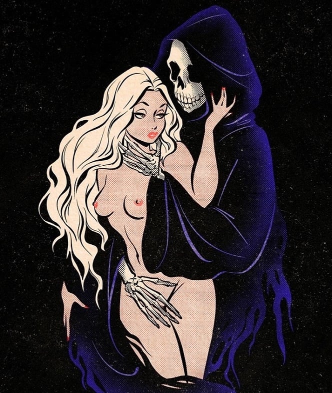 erotic comic illustration grim reaper and nude girl
