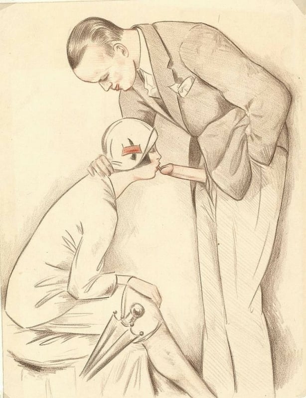 erotic drawing depicting a classy lady performing fellatio