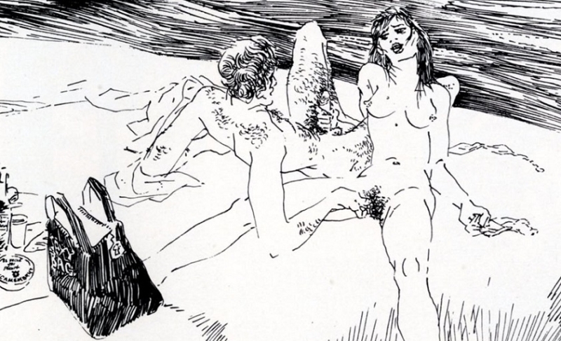 erotic drawing of an intimate couple at the seashore detail