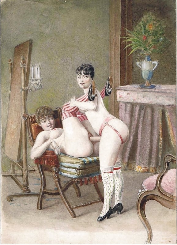 erotic engraving depicting two females making love in a chair wearing a dildo