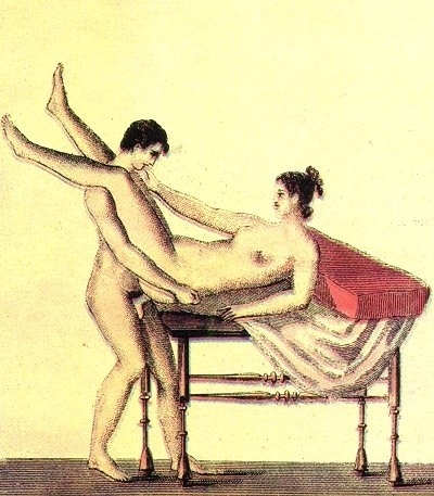 Erotic fresco of Pompeii, man and woman copulating in a standing missionary pose