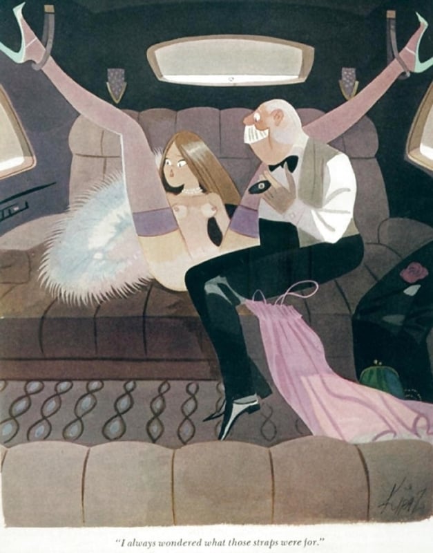 erotic magazine cartoon with old rich man and young girl in a limousine