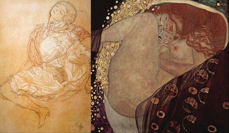 Erotic sketch by Klimt; right: Danaë by Klimt