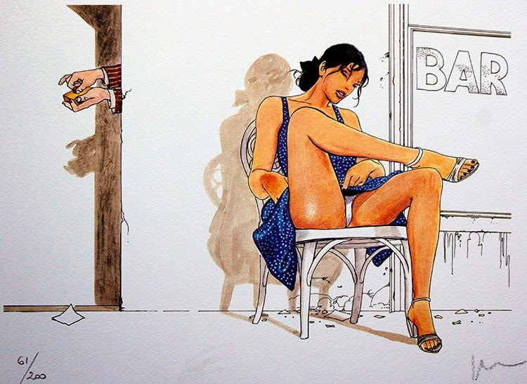 female in front of a bar