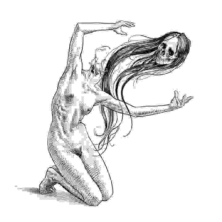 female nude with decapitated skull head
