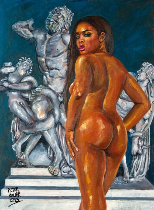 Femme du soi in front of the laocoon at the pio clementino museum by Pictor Mulier