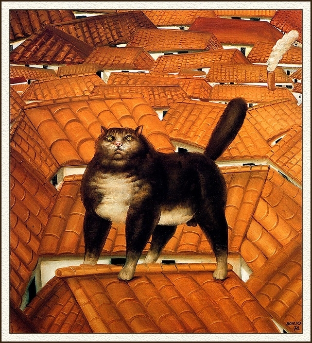 fernando botero cat on a roof