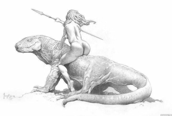 frank frazetta female warrior sting on a giant monitor lizard