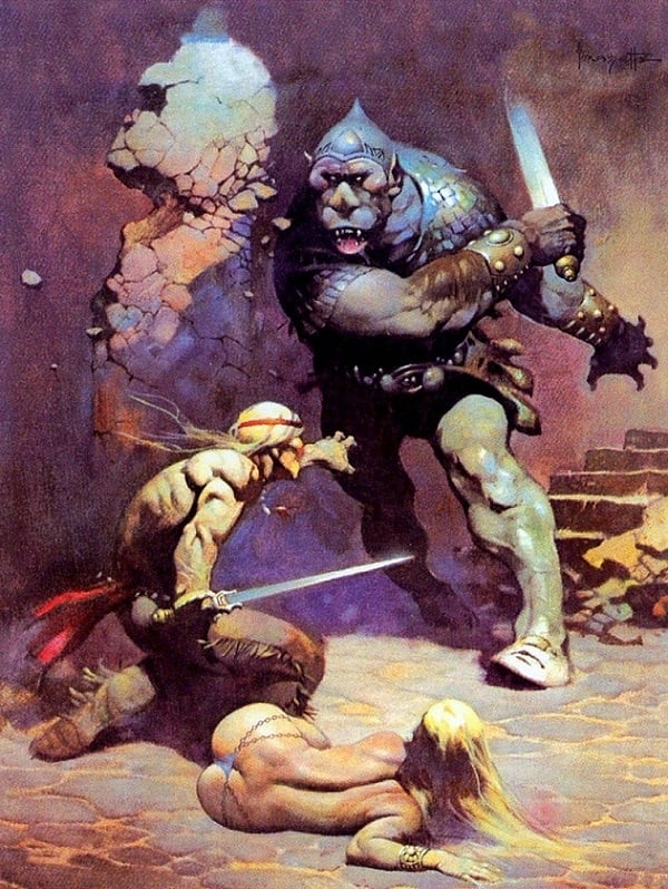frank frazetta fight scene with giant troll